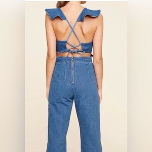 Denim Open Back Ruffle Front Jumpsuit